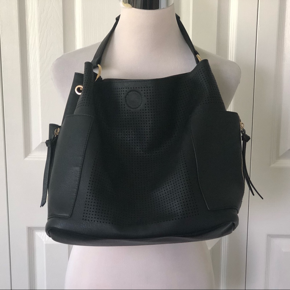 Preowned but unused Black Vegan Leather Stella Zip Side Pocket Hobo Slouch Purse